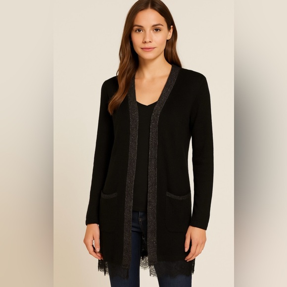 LC Lauren Conrad Sweaters - Lauren Conrad Blue Longline Cardigan Sweater Lace Trim Metallic Preppy Office XS